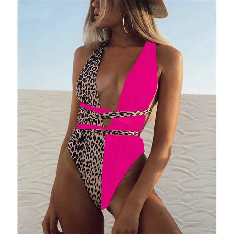 Women Fashion new style Pure color deep v Backless Sexy lace up one-piece swimwear