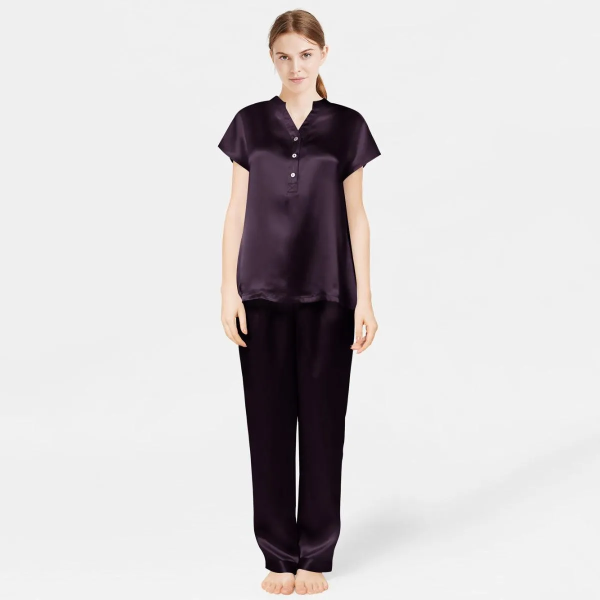 Women Short Sleeve Mulberry Silk Pajama Set V-Neck 100% Silk PJ Set