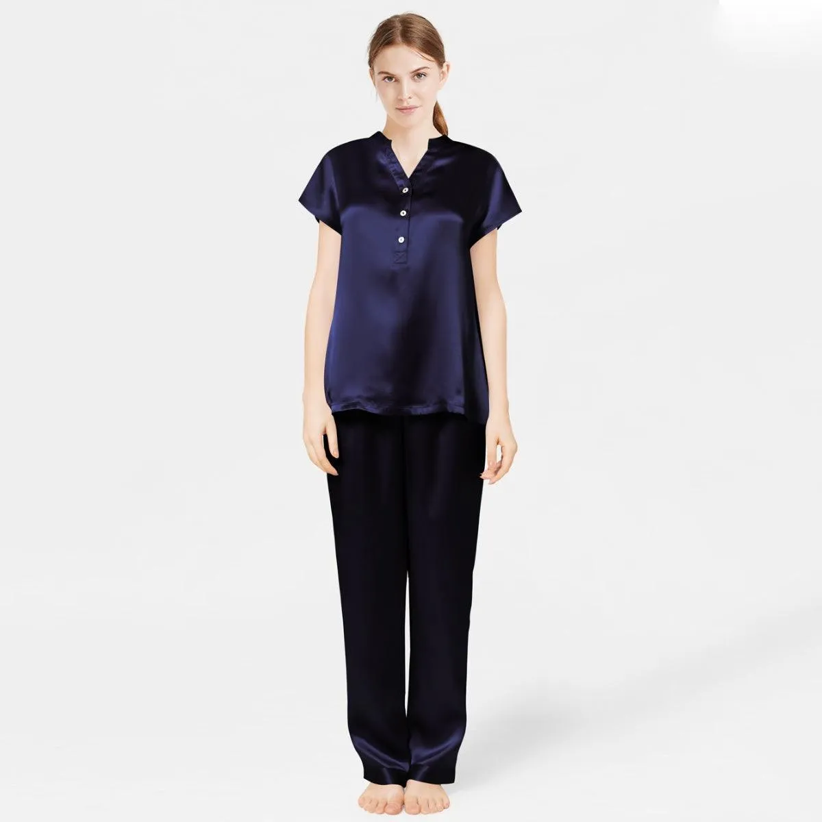 Women Short Sleeve Mulberry Silk Pajama Set V-Neck 100% Silk PJ Set