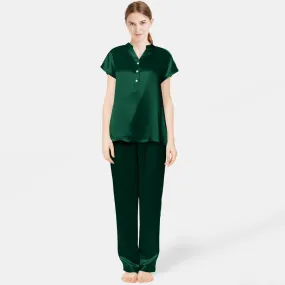 Women Short Sleeve Mulberry Silk Pajama Set V-Neck 100% Silk PJ Set