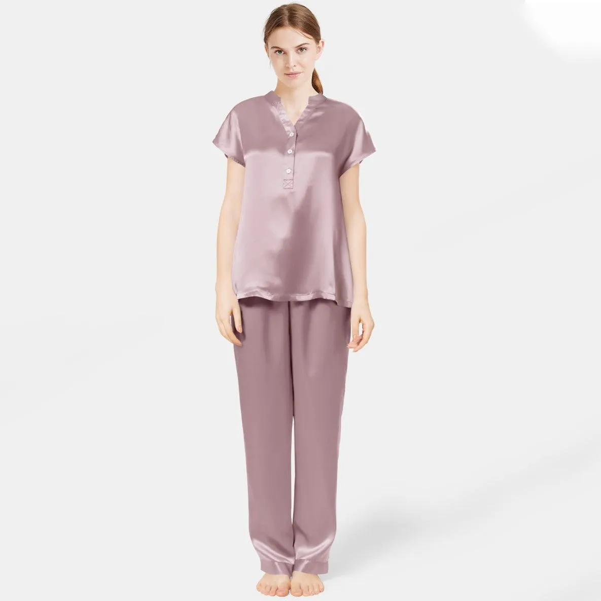 Women Short Sleeve Mulberry Silk Pajama Set V-Neck 100% Silk PJ Set