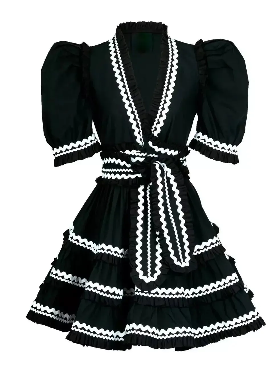 Women’s Belted V-Neck A-Line Mini Dress in Black and White