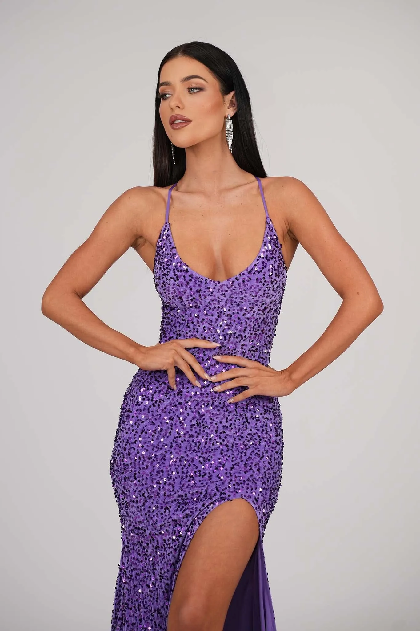 Zelda Side Slit Velvet Sequin Gown - Light Purple