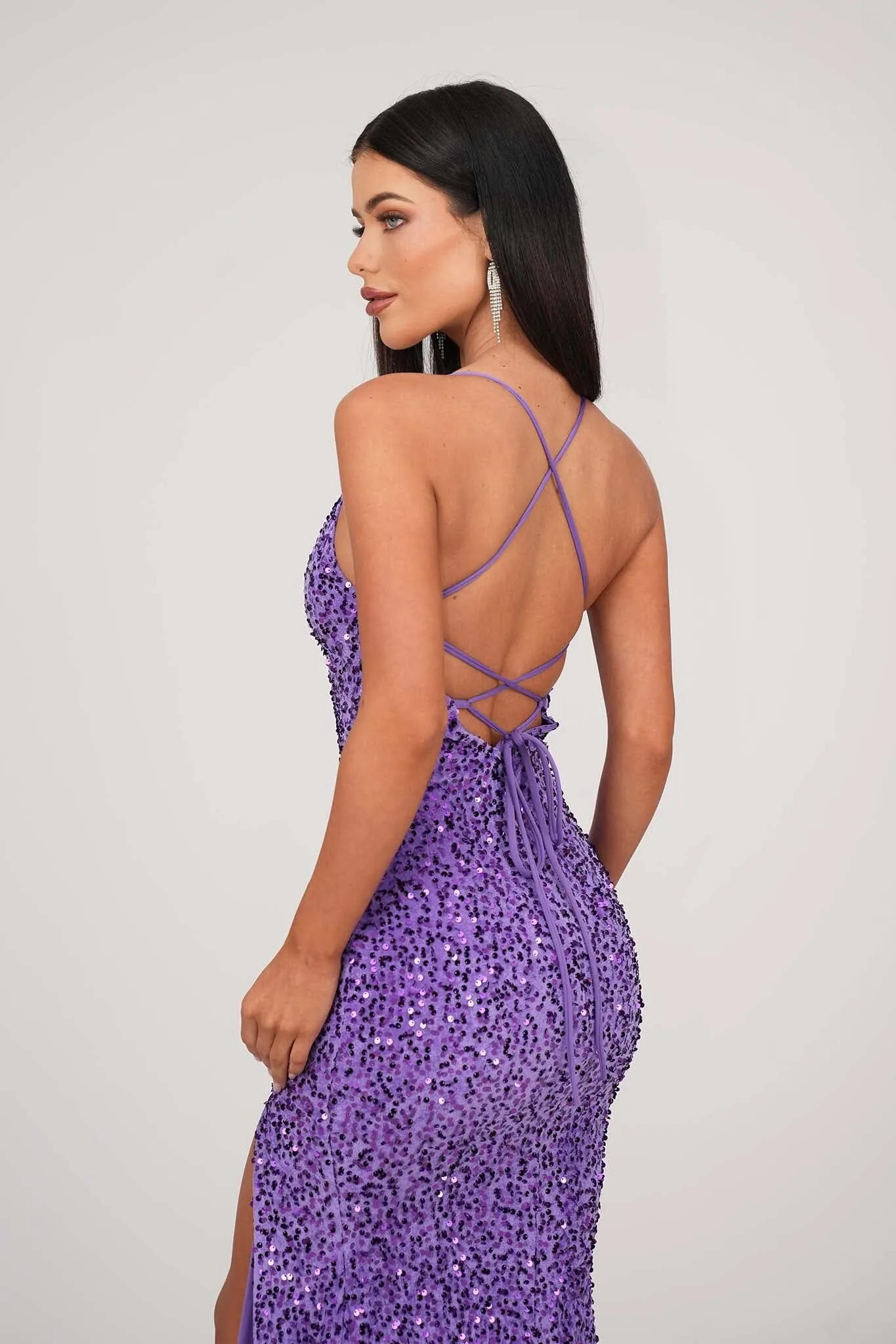 Zelda Side Slit Velvet Sequin Gown - Light Purple